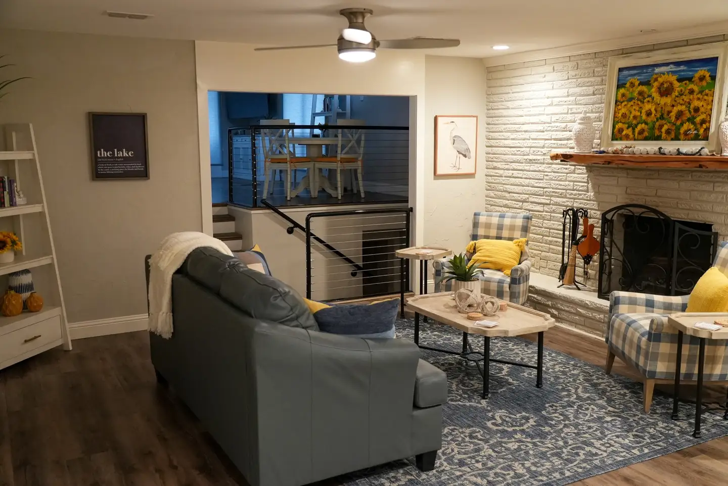 Full living room with game room in the background